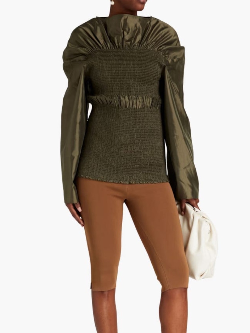 Toteme Olive Green Smocked Puff-Sleeve Blouse